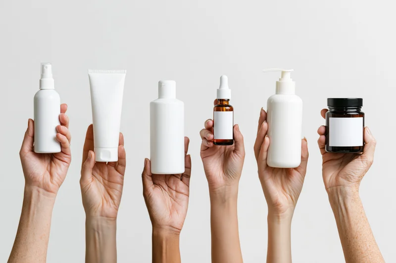 Six female hands holding different skincare product containers against a white background