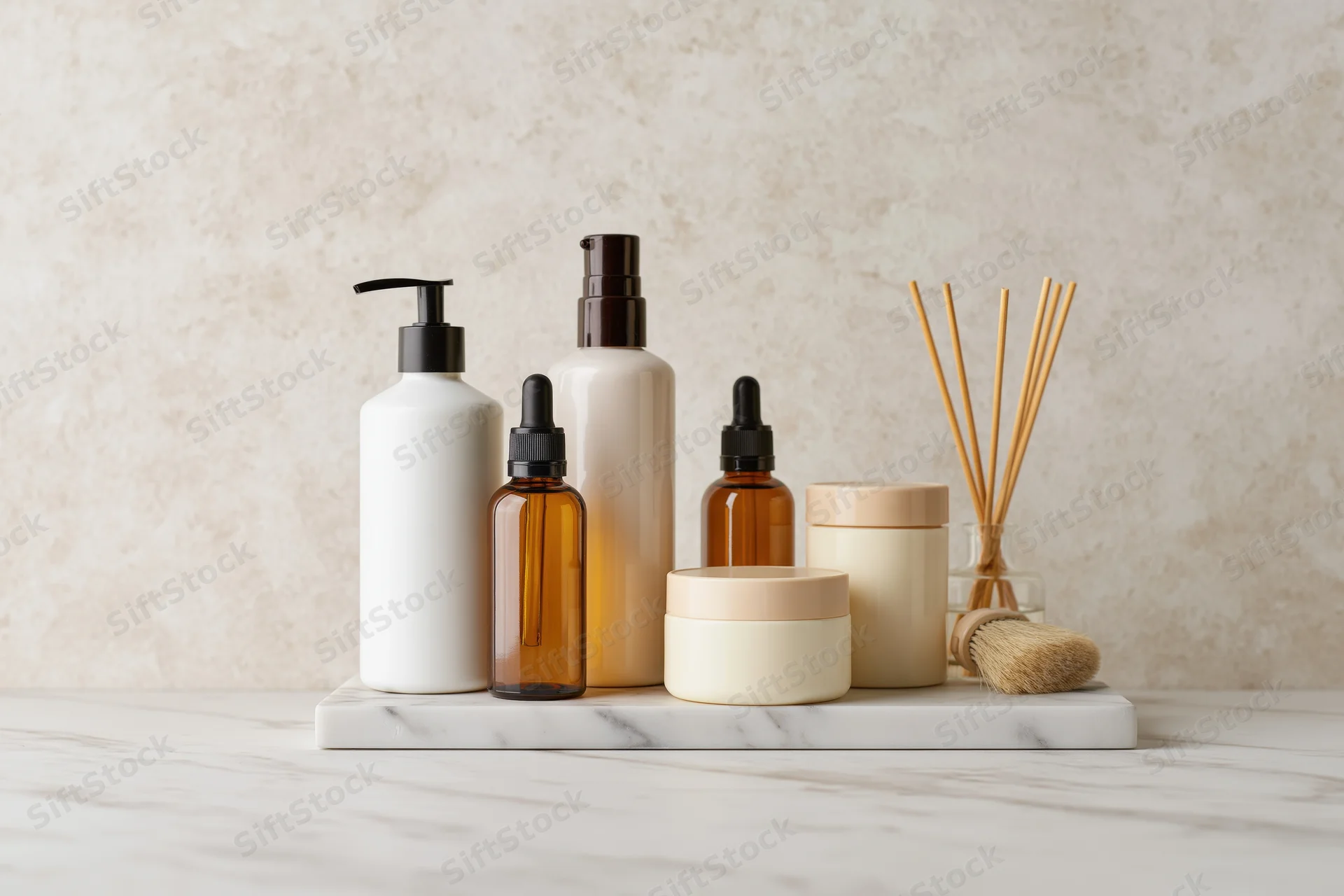 Skincare and beauty products arranged on a marble tray on a countertop