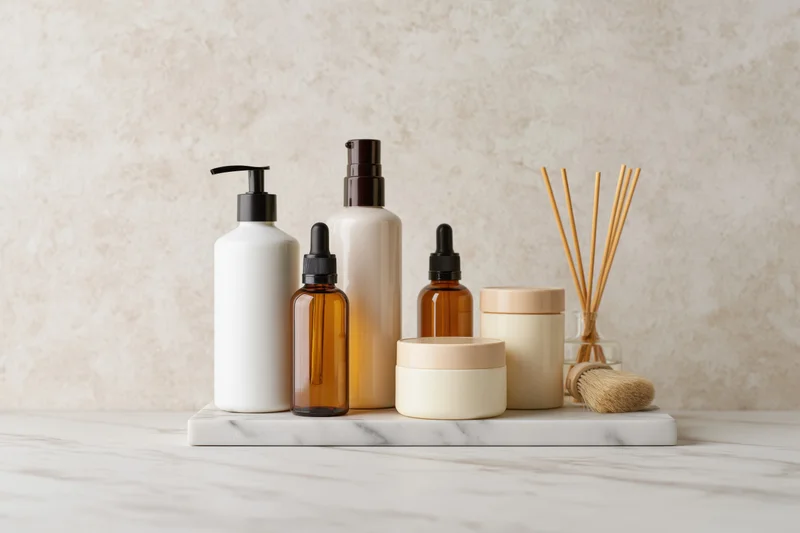 Skincare and beauty products arranged on a marble tray on a countertop