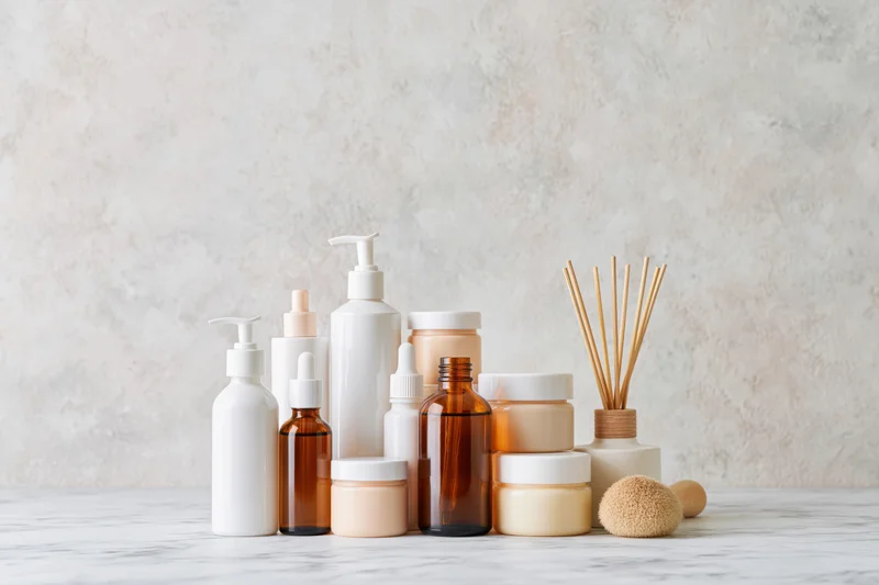 Skincare and beauty products arranged on a marble countertop with copyspace