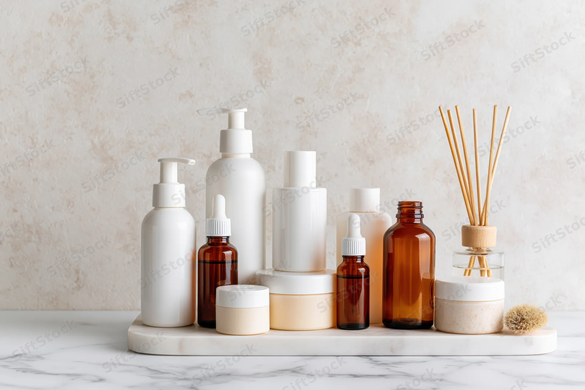 Skincare and beauty products arranged on a marble tray