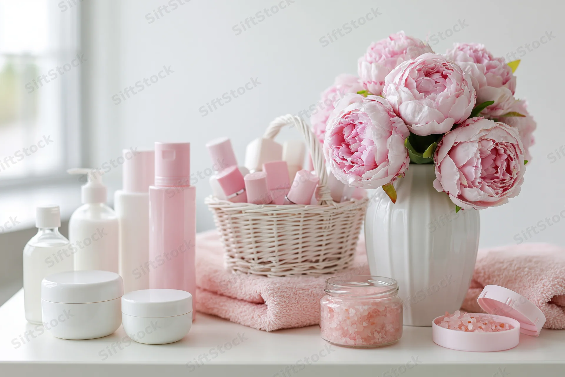 Skincare and beauty products arranged with pink peonies and towels on a white table