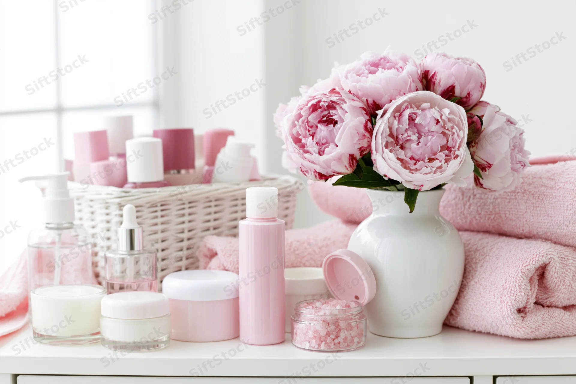 Skincare and beauty products arranged with pink peonies and towels on a white vanity countertop