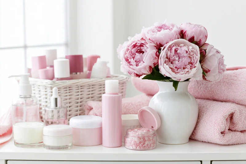 Skincare and beauty products arranged with pink peonies and towels on a white vanity countertop