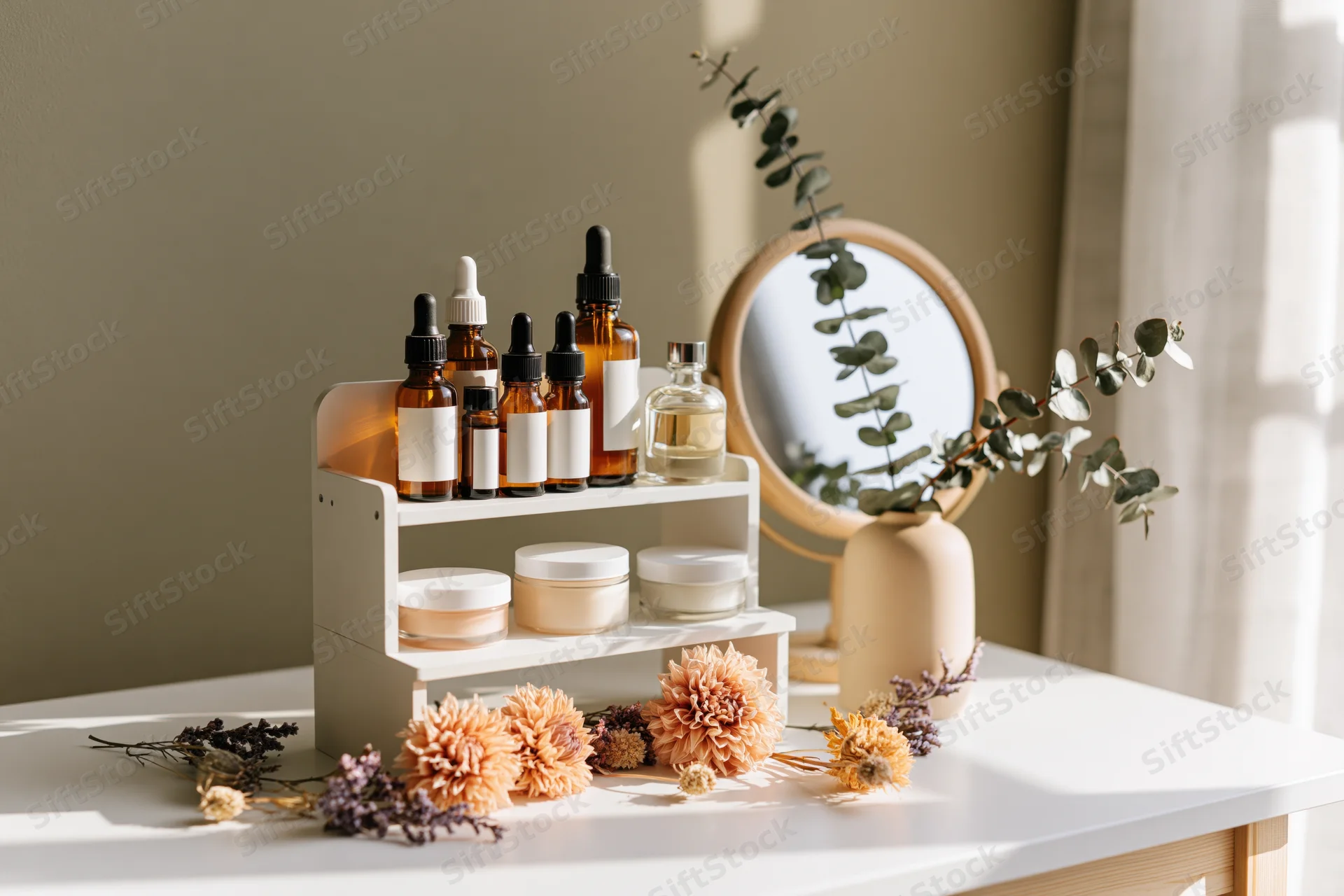 Skincare and beauty products arranged on a white vanity table with dried flowers and a mirror
