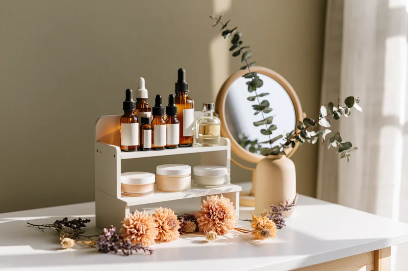 Skincare and beauty products arranged on a white vanity table with dried flowers and a mirror