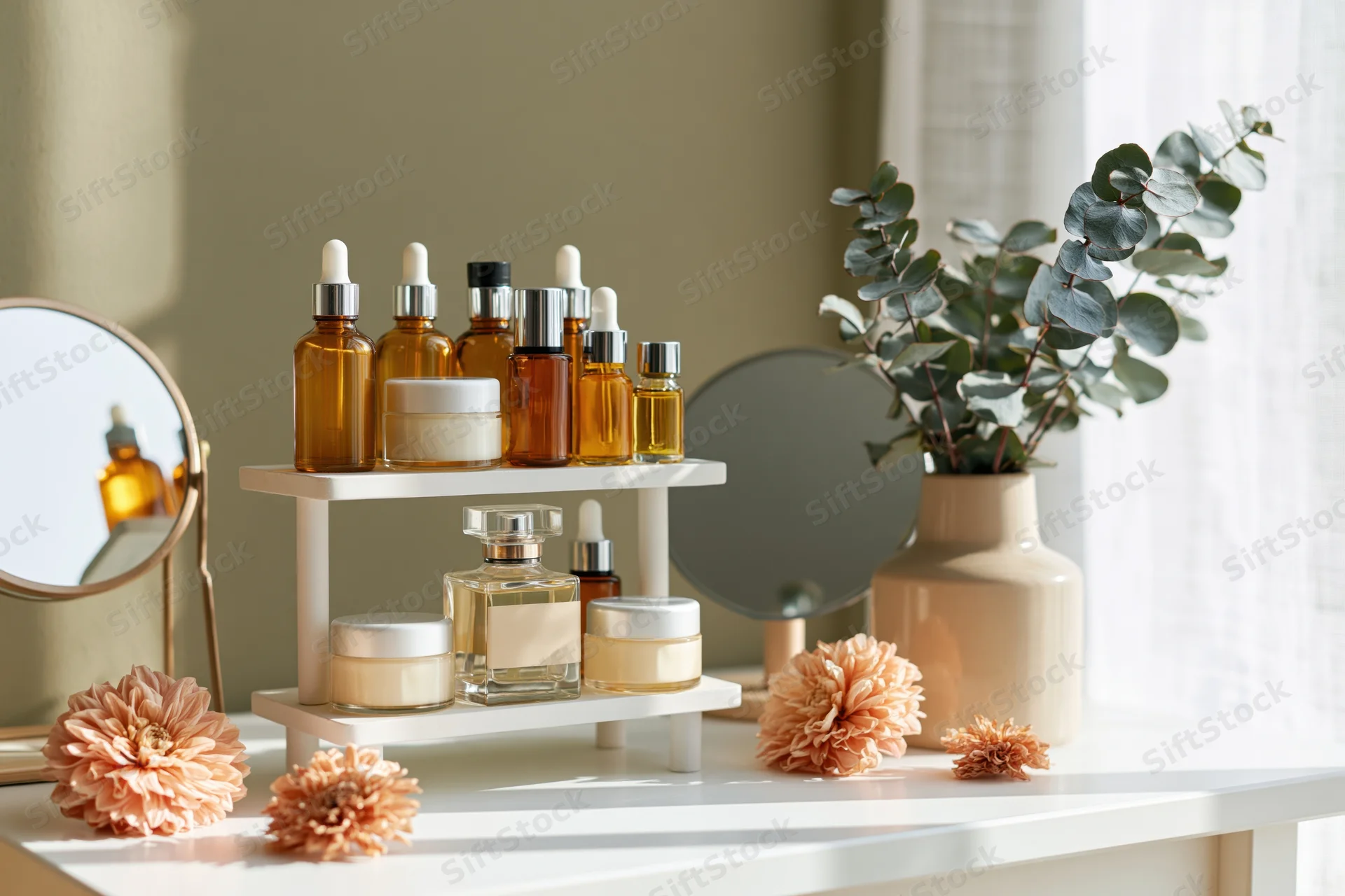 Skincare and beauty products arranged on a white vanity with mirror and flowers