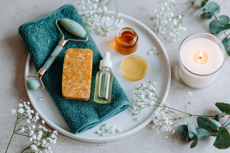 Skincare products arranged on a white ceramic tray with towel, candle, and flowers