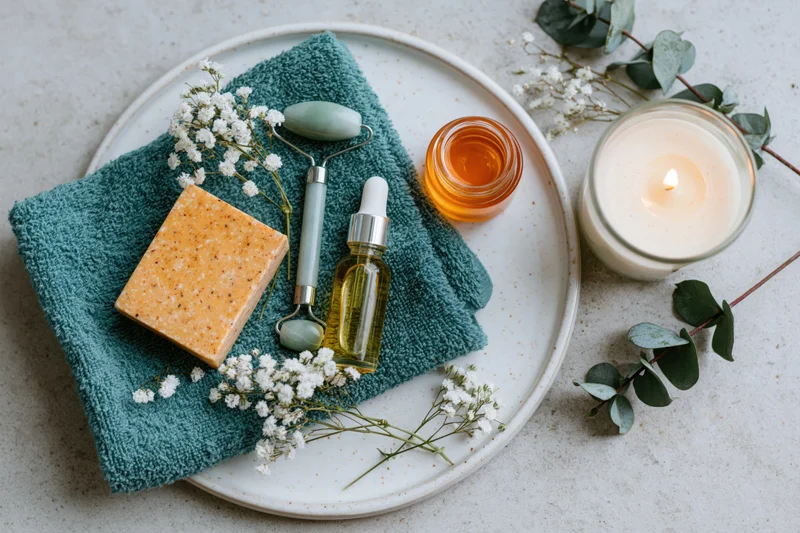 Skincare products arranged on a white ceramic tray with towel, flowers, and candle