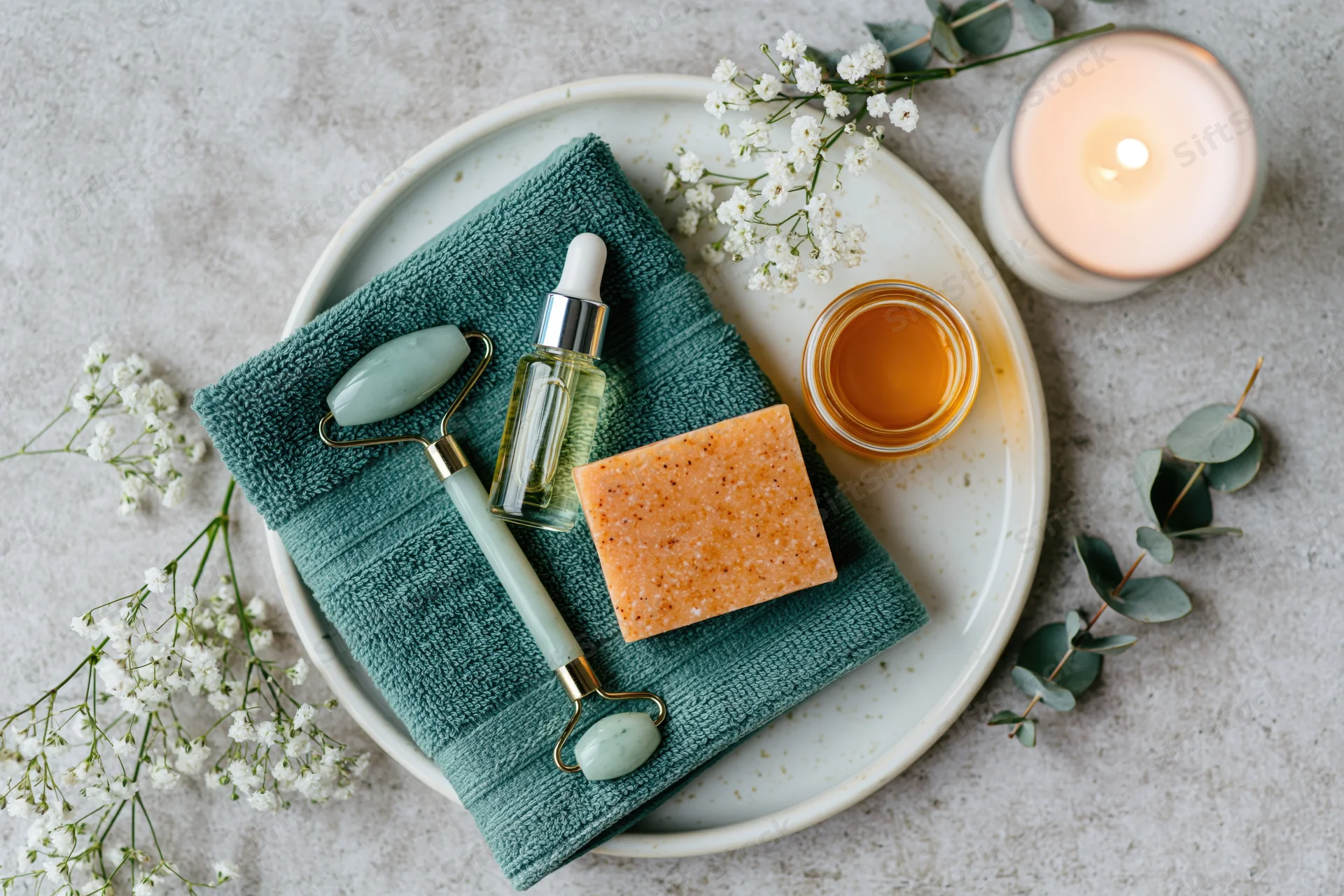Skincare products arranged on a round white ceramic tray with towel, facial roller, soap, serum, candle, and flowers