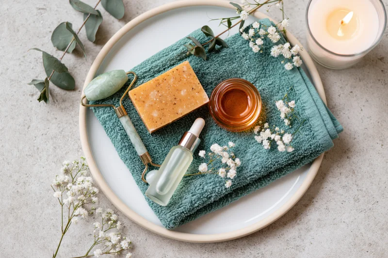 Skincare products arranged on a round white ceramic tray with towel, candle, and flowers