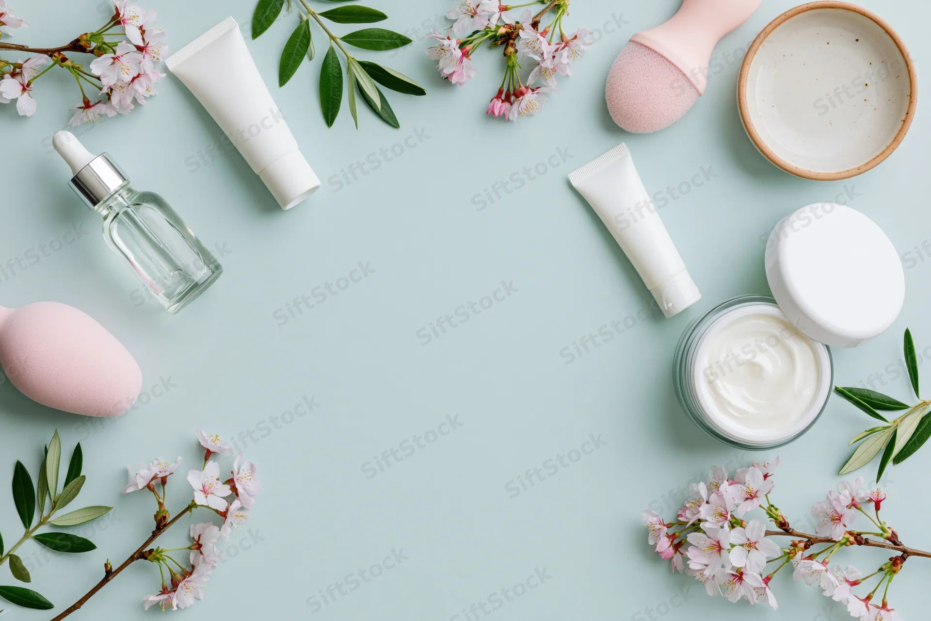 Skincare products and cherry blossoms arranged in a flat lay on a light blue background with copyspace