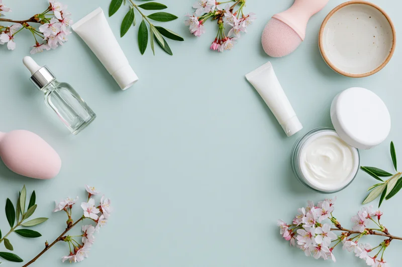 Skincare products and cherry blossoms arranged in a flat lay on a light blue background with copyspace