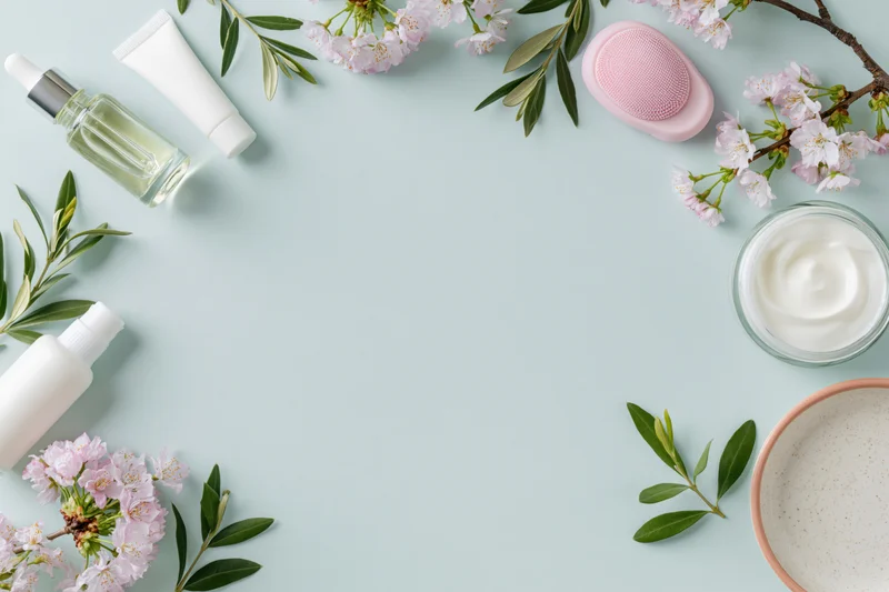 Skincare products and cherry blossoms arranged in a flat lay on a mint background with copyspace