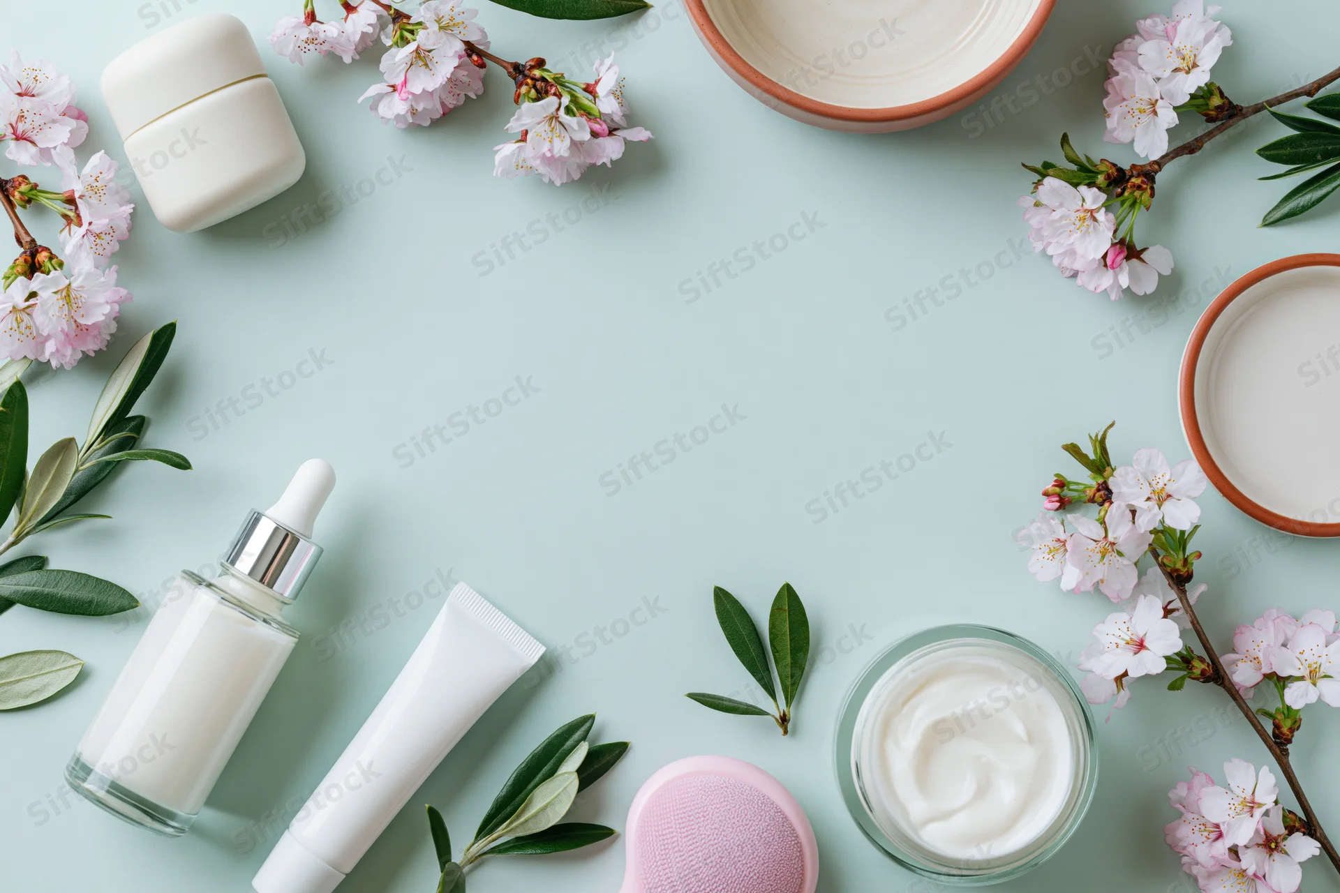 Skincare products and cherry blossoms arranged in a flat lay on a mint background with copyspace
