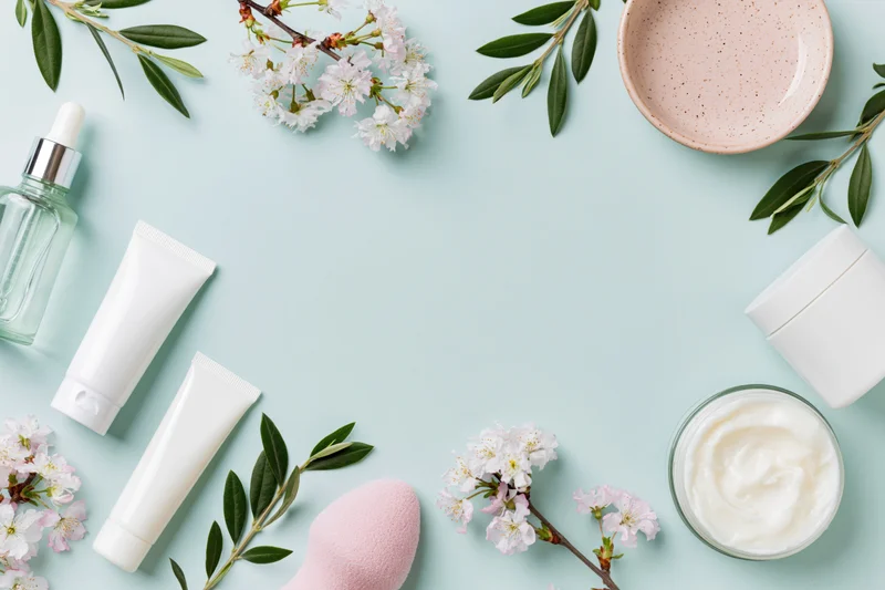 Skincare products arranged with cherry blossoms and green leaves on a mint background