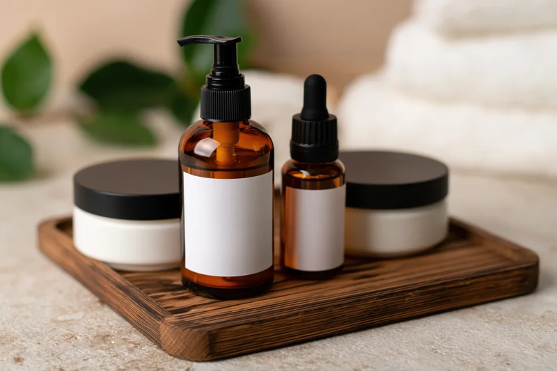 Skincare products arranged on a wooden tray with blank labels for branding