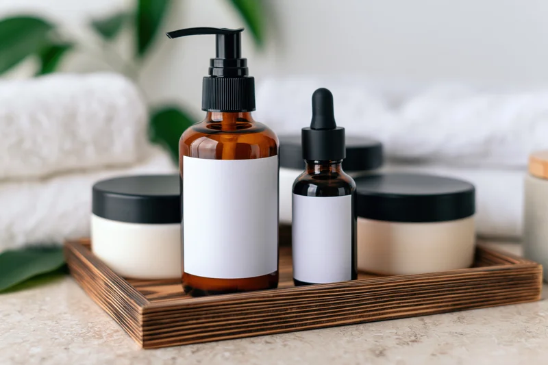 Skincare products arranged on a wooden tray with towels and greenery in a bathroom setting