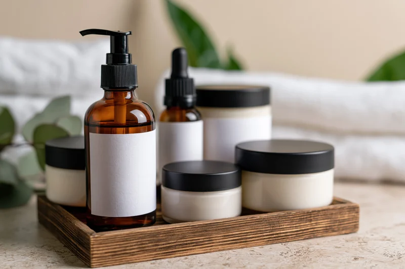 Skincare products arranged on wooden tray on countertop