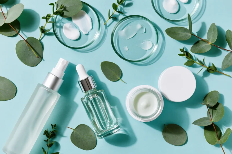 Skincare products and eucalyptus leaves arranged in flatlay on aqua-blue background