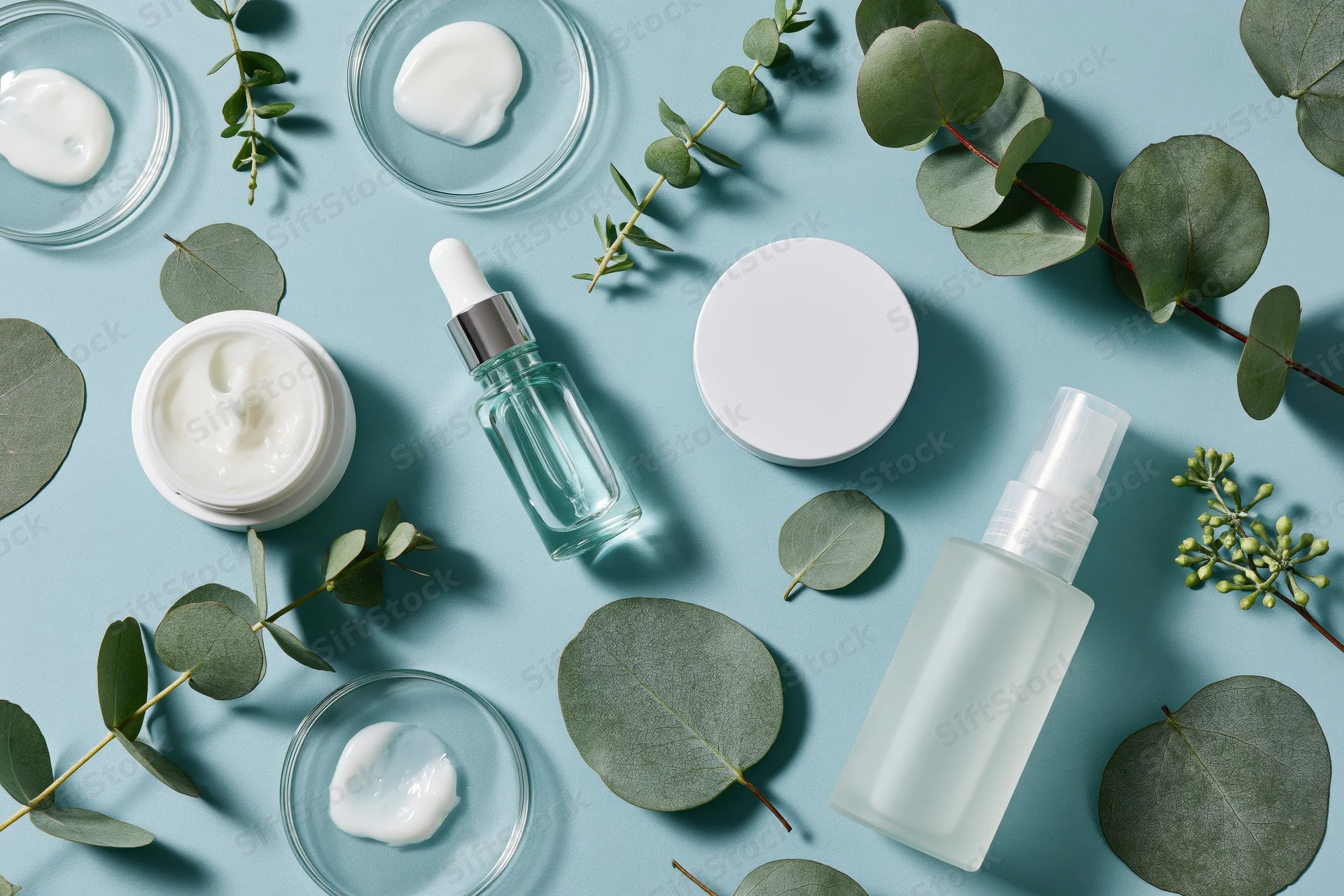 Skincare products and eucalyptus leaves arranged on aqua-blue paper background