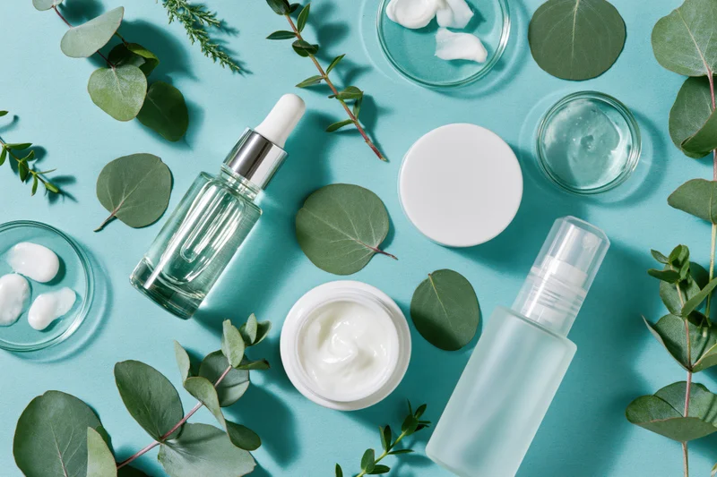 Skincare products and eucalyptus leaves arranged on aqua-blue background