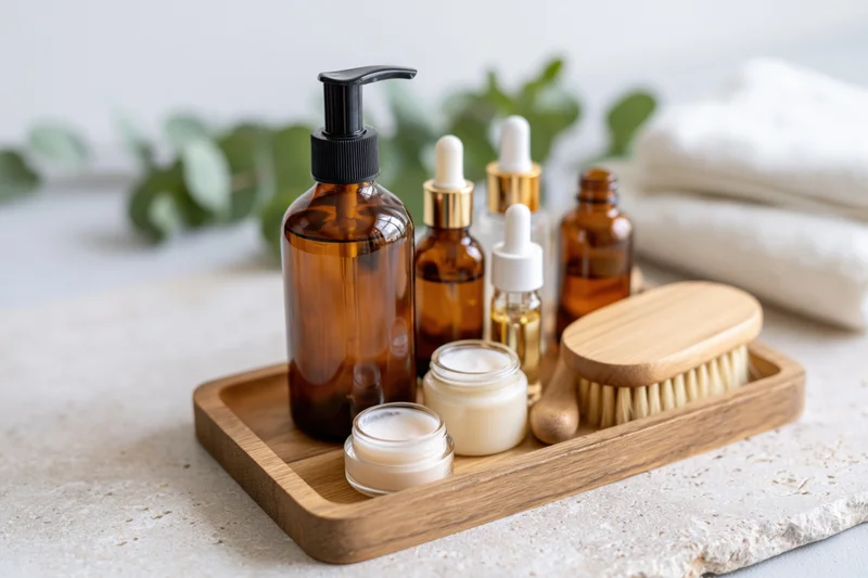 Skincare products on wooden tray with amber glass bottles and cream jars