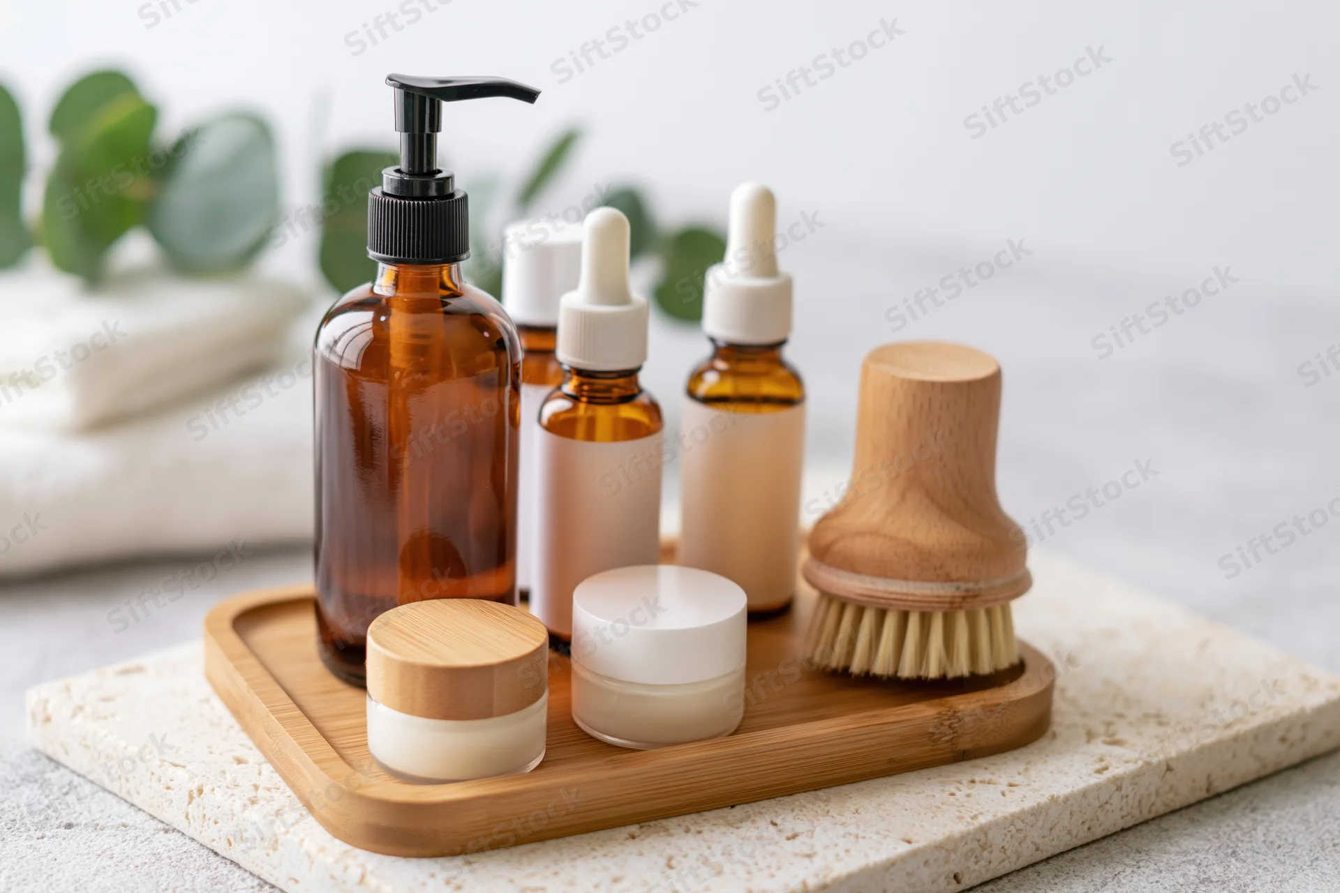Skincare products arranged on a wooden tray with bamboo brush and amber glass bottles