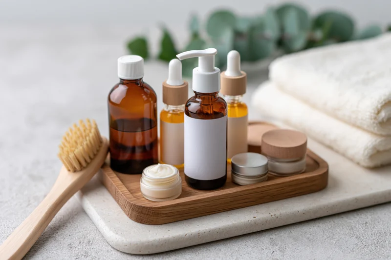 Skincare products arranged on wooden tray with towel and brush on countertop