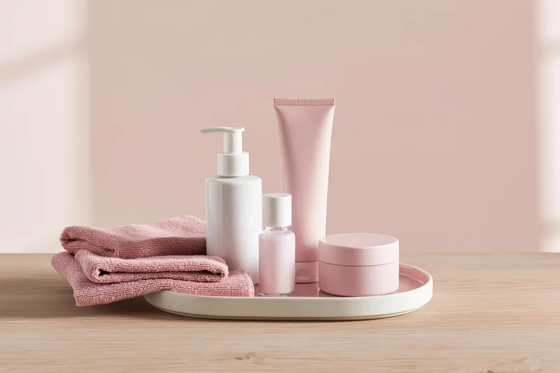 Skincare products arranged on a white ceramic tray on a wooden surface with pink towels