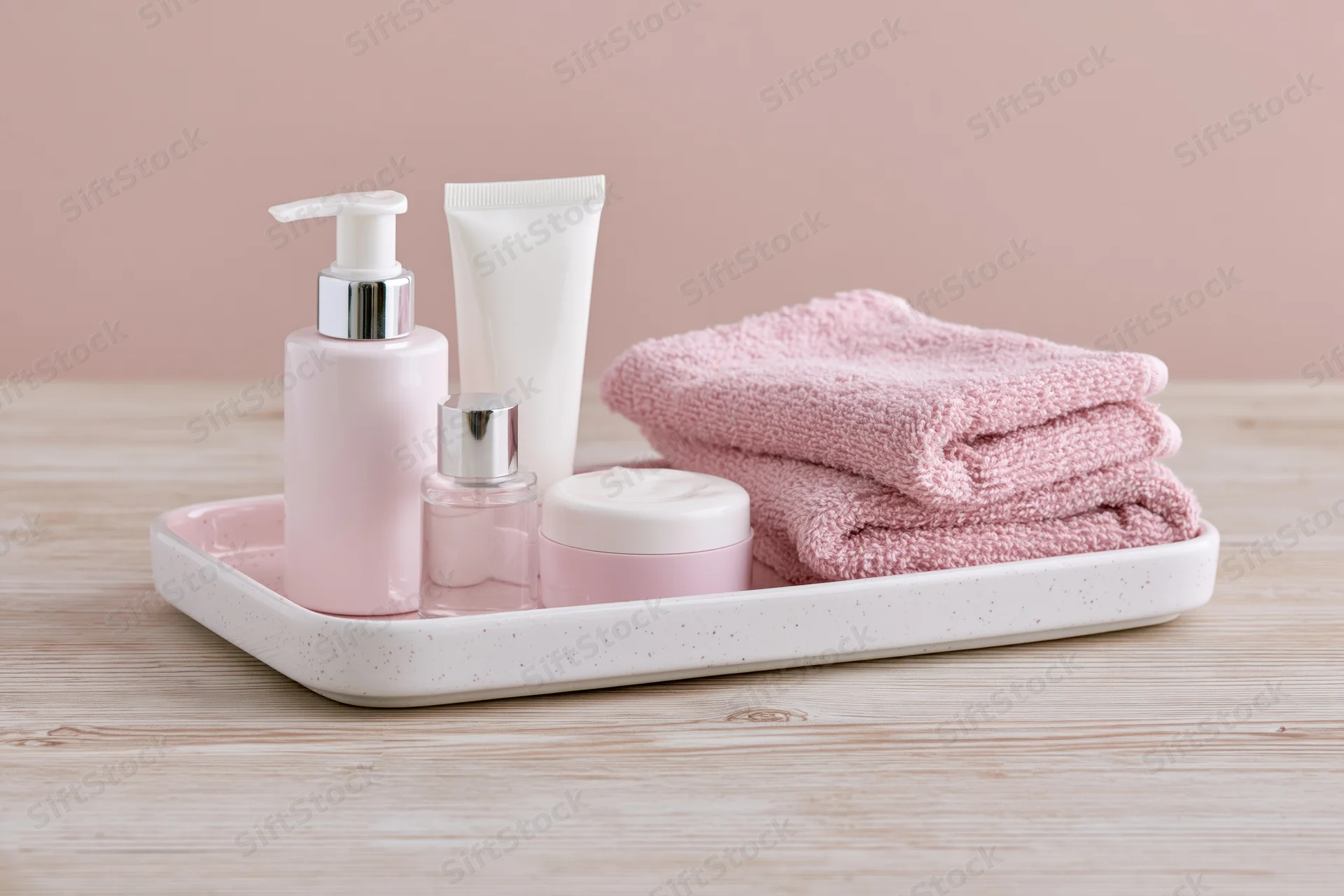 Skincare products arranged on a white ceramic tray with a pink towel on a wooden surface