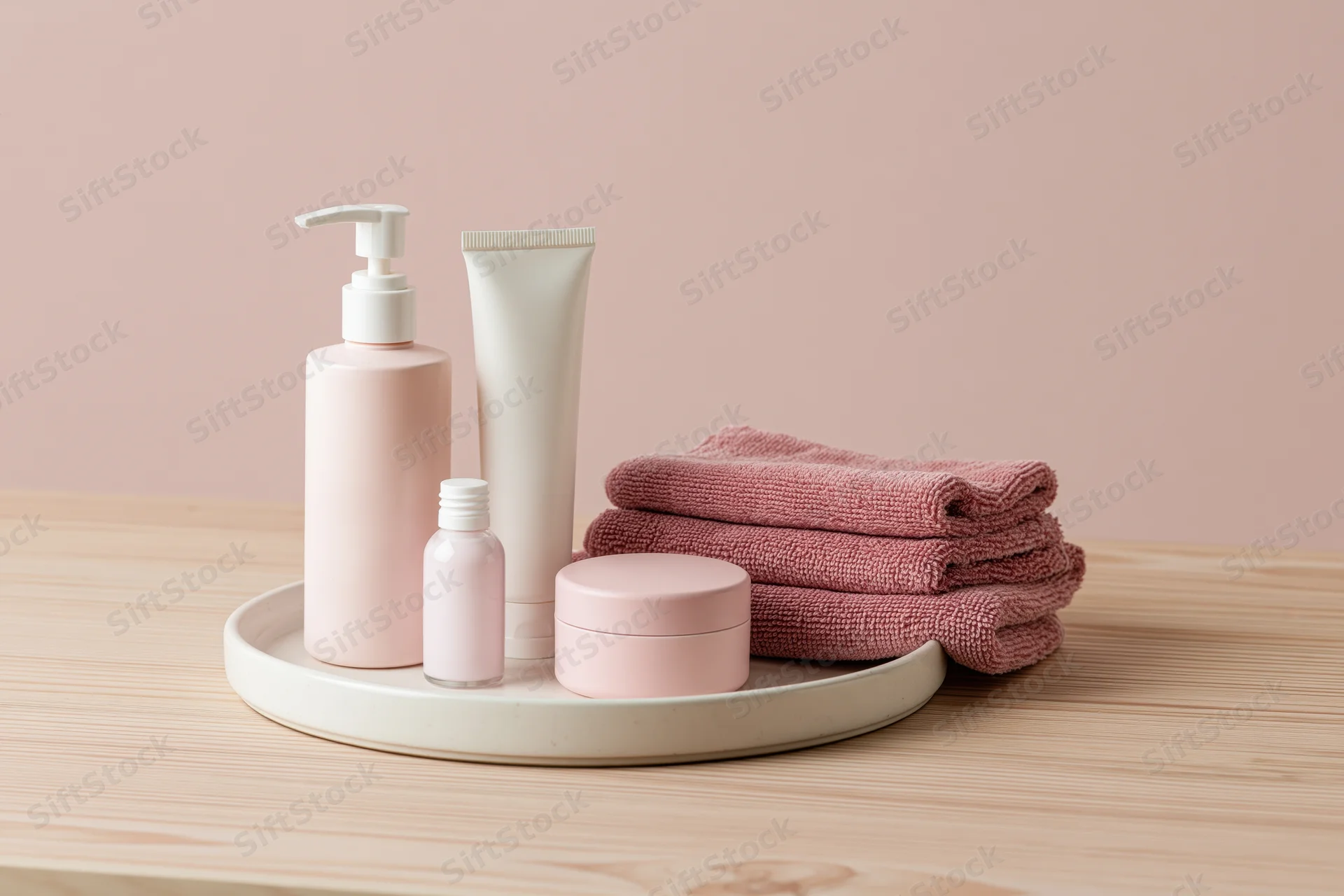 Skincare products arranged on a white ceramic tray with folded towel on wooden table