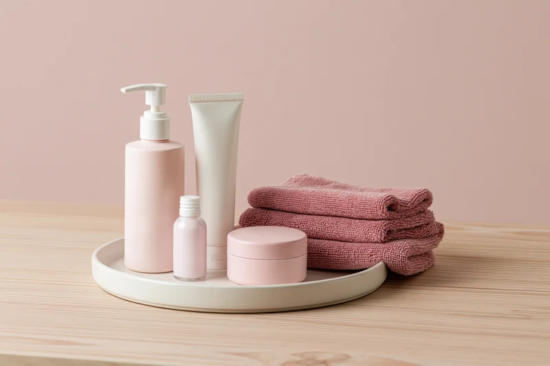 Skincare products arranged on a white ceramic tray with folded towel on wooden table