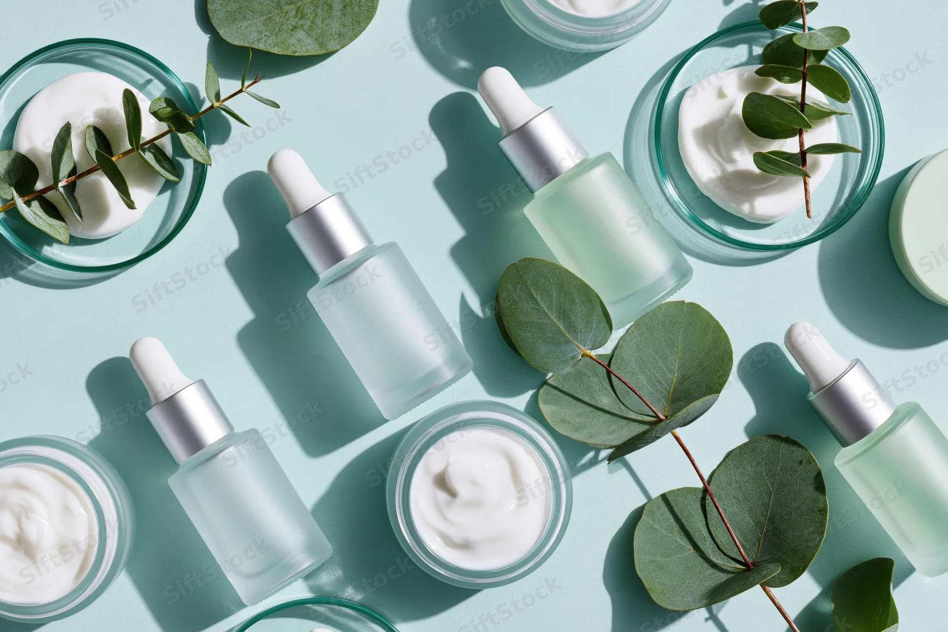 Skincare products and eucalyptus leaves arranged in flat lay on mint blue surface