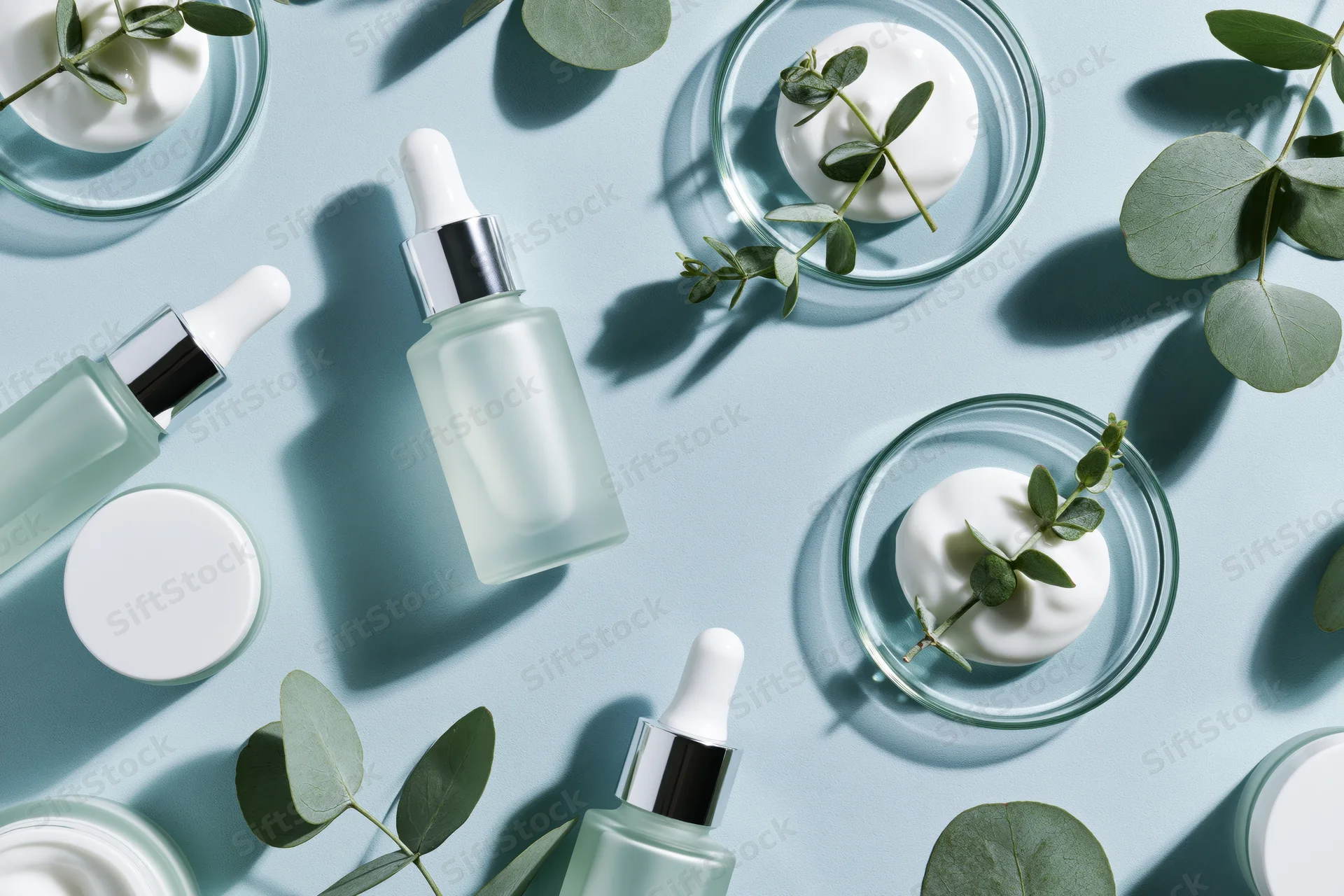 Skincare products and eucalyptus leaves arranged in flat lay on mint blue surface