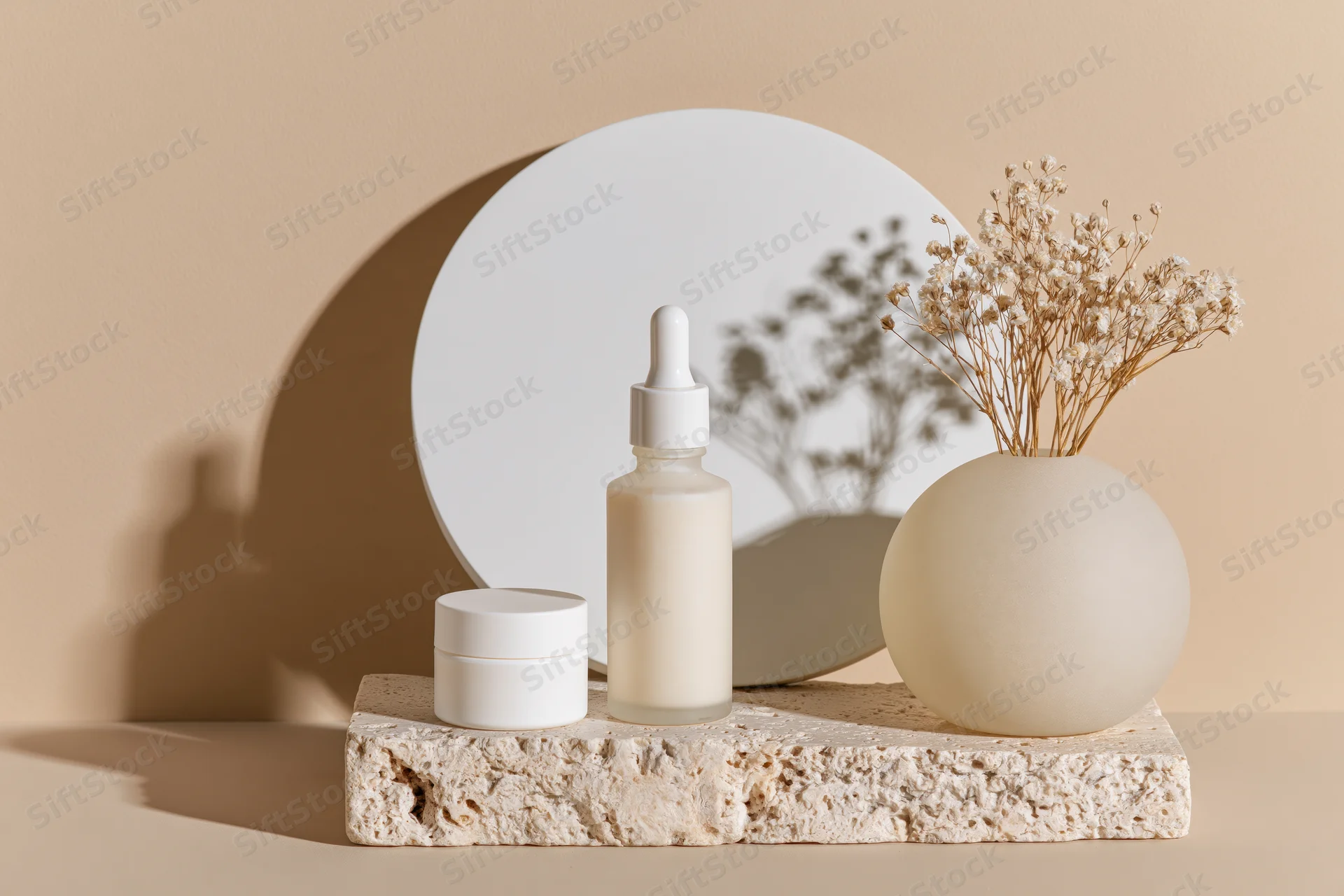 Skincare serum dropper bottle and cream jar arranged on stone slab with dried flowers and circular mirror in beige setting