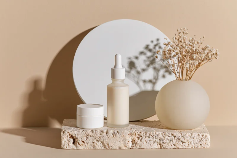 Skincare serum dropper bottle and cream jar arranged on stone slab with dried flowers and circular mirror in beige setting