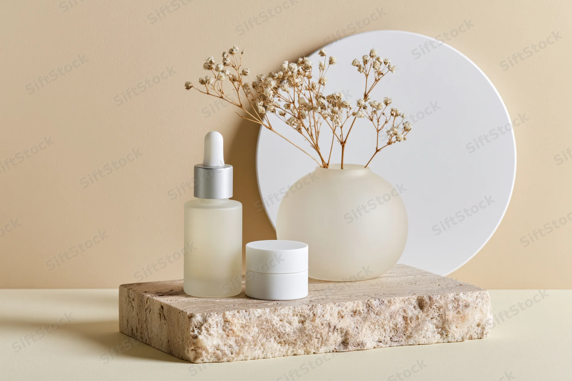 Skincare serum dropper bottle and cream jar on stone slab with dried flowers in vase, minimalist setup