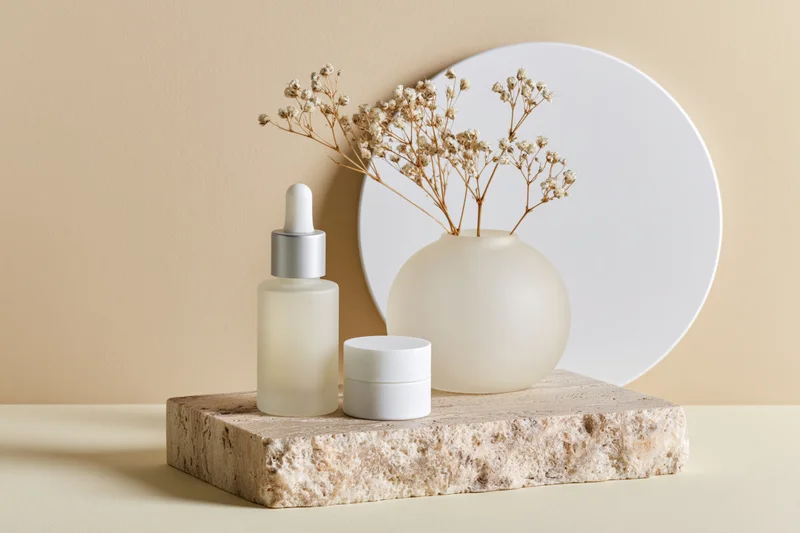 Skincare serum dropper bottle and cream jar on stone slab with dried flowers in vase, minimalist setup
