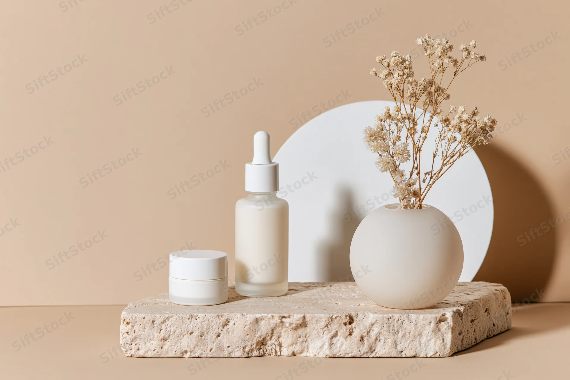 Skincare serum dropper bottle and cream jar displayed on stone slab with dried flowers in vase against beige background