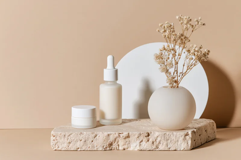 Skincare serum dropper bottle and cream jar displayed on stone slab with dried flowers in vase against beige background
