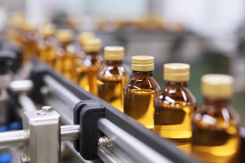 Amber glass bottles filled with golden-yellow liquid moving along a conveyor belt in a factory setting