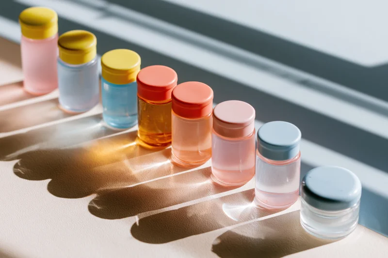 Travel-size skincare bottles and jars arranged in a row on a sunlit surface with shadows from window blinds