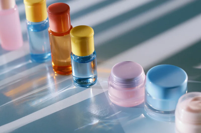 Travel-size skincare bottles and cream jars arranged on a striped reflective surface