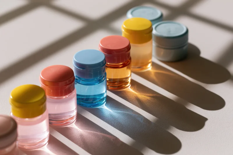 Travel-size skincare bottles and cream jars arranged in a row on a sunlit surface with grid shadows
