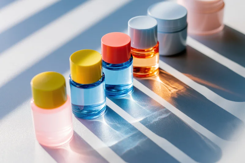 Travel-size skincare bottles and cream jars arranged in a row on a striped surface with light and shadow patterns