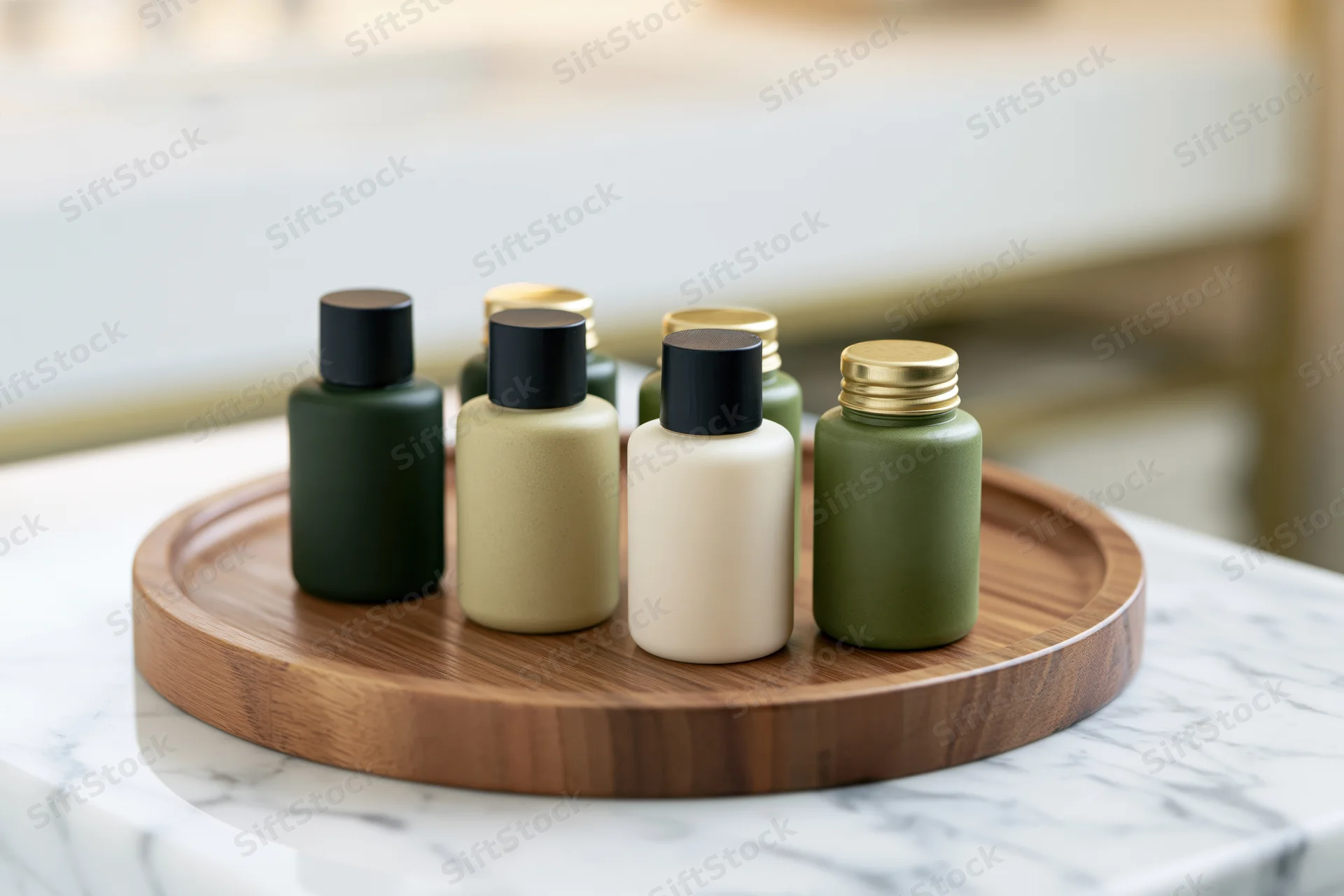Small hotel toiletry bottles arranged on a round wooden tray on a marble countertop