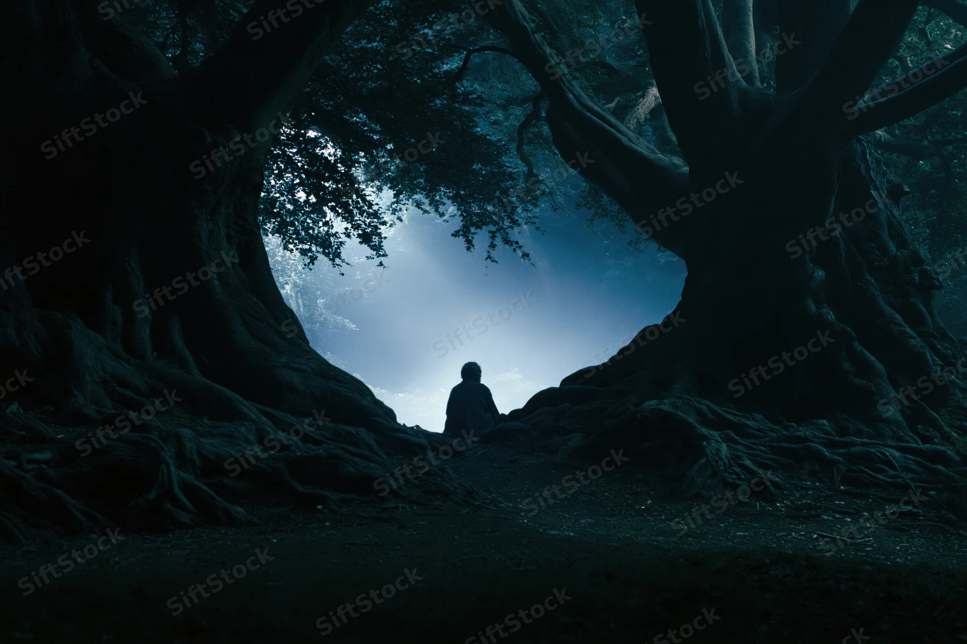 Lone person sitting on a dark forest path facing misty light through trees