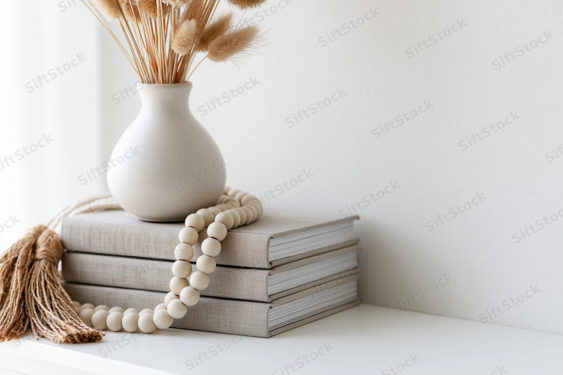 White ceramic vase with dried bunny tail grass stems on a stack of beige books on a shelf