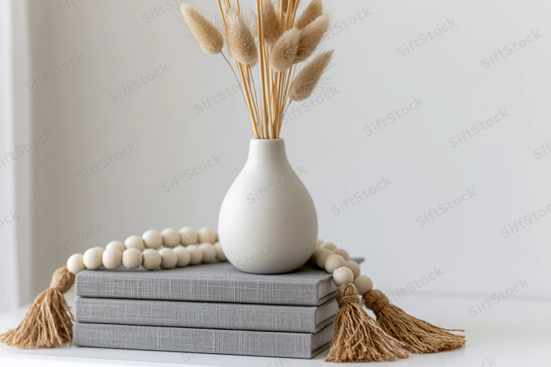 White ceramic vase with dried bunny tail grass stems on a stack of gray books with wooden beads and tassels